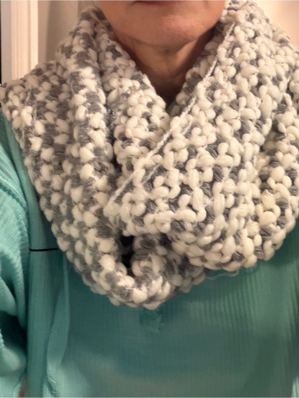 Cozy White and Gray Chunky Knit Women's Infinity Scarf.